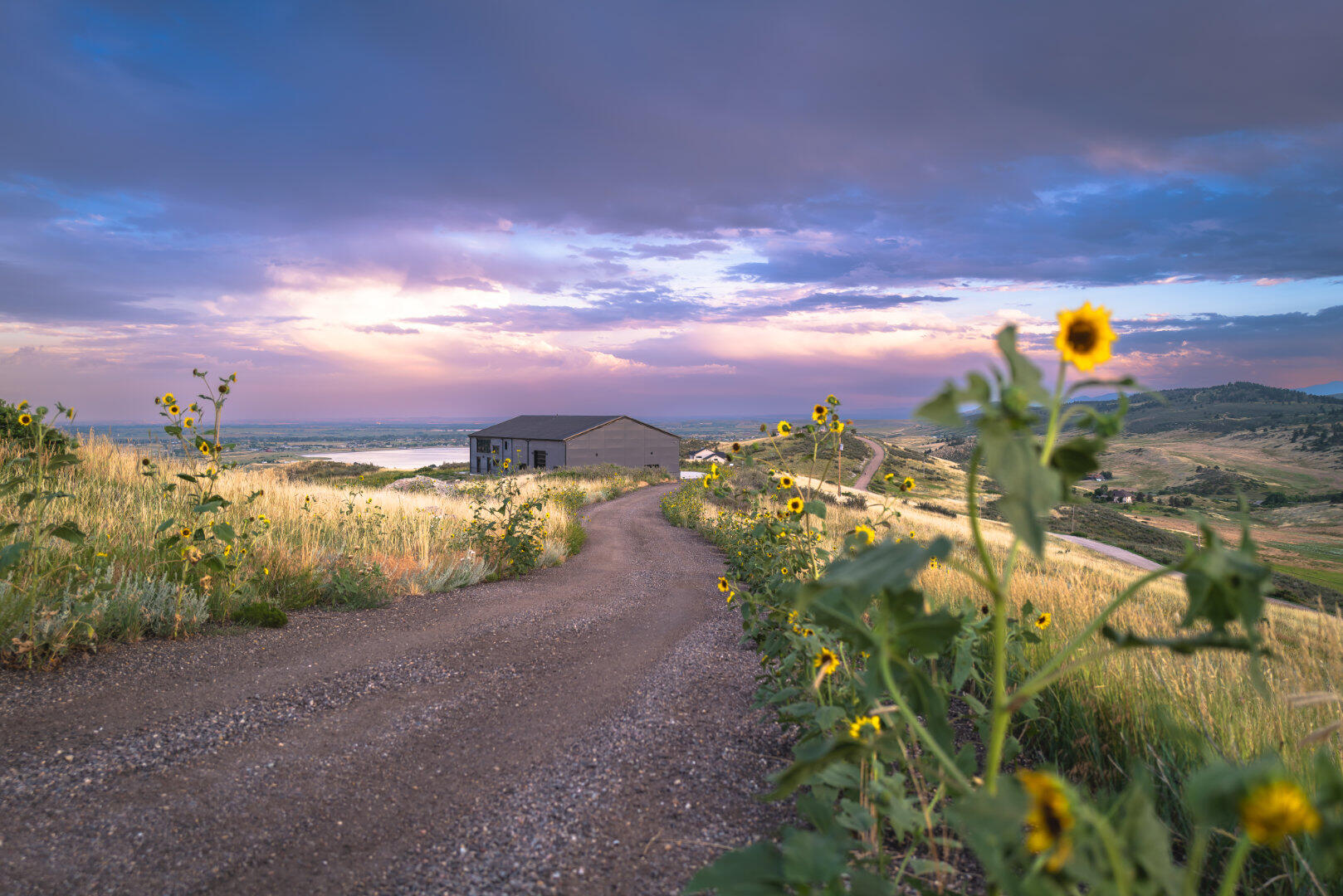 House from top of drive at twilight